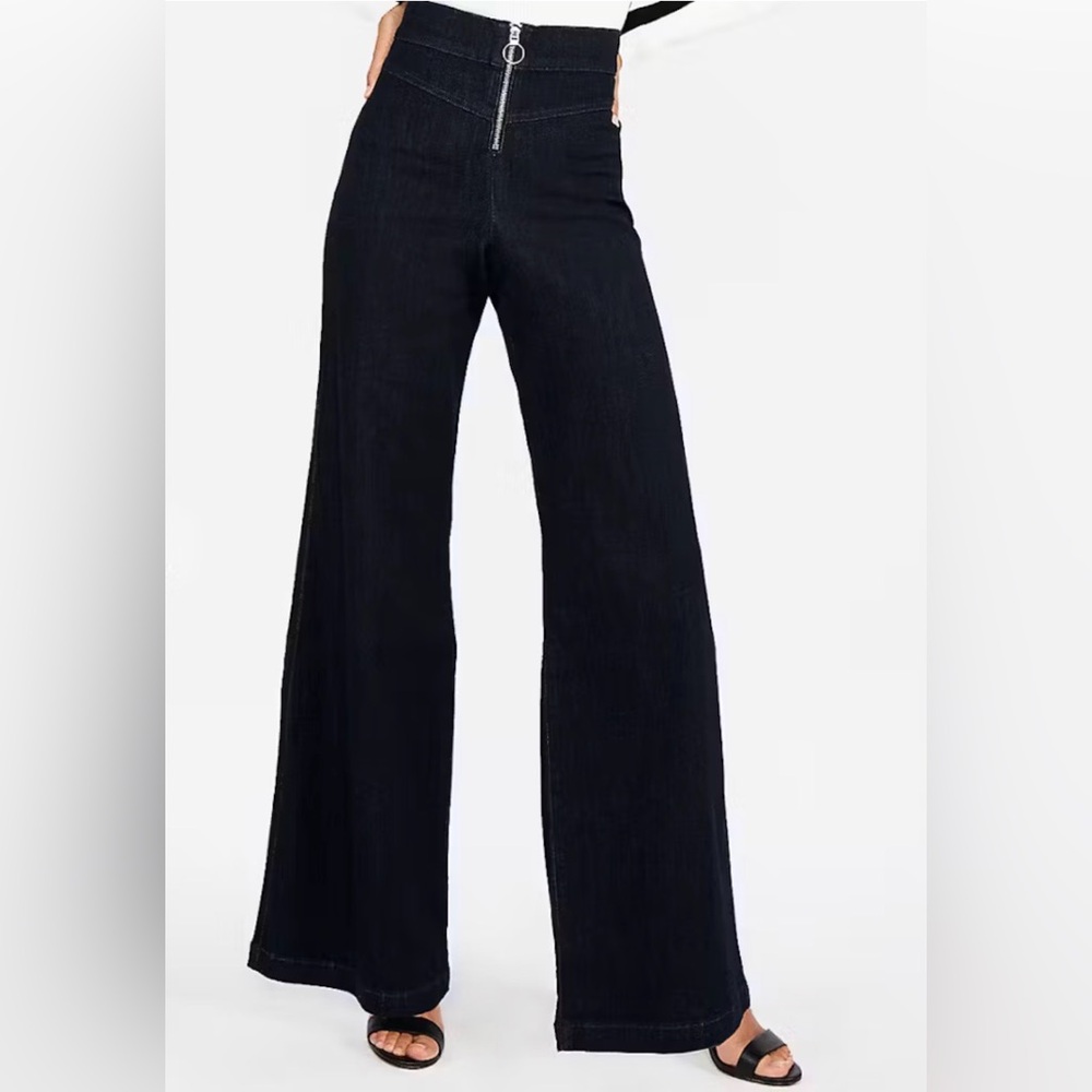 Express Super High Waisted Exposed Zip Stretch Wide Leg Jeans in Dark Blue Sz‎ 0